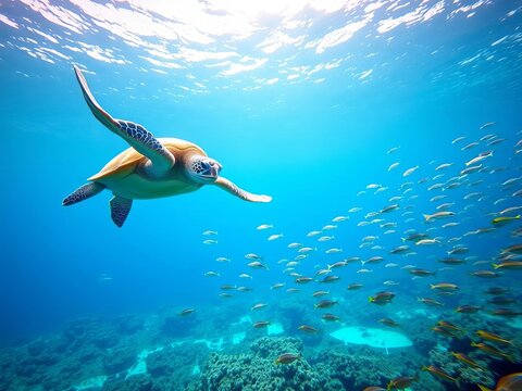 Sea turtles gliding through open water with schools of fish, fish school, seaweed