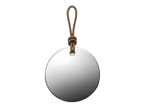 A circular blank metal tag with a rustic rope loop isolated on white background