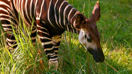 Naklejka premium Okapi Grazing in Tall Green Grass