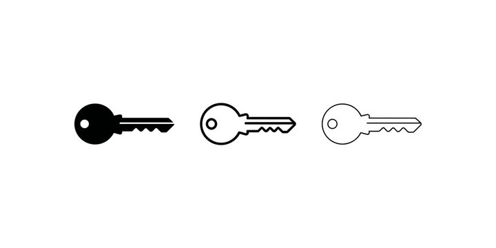 Three black key icon set featuring solid outlined and thin line graphic.