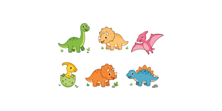 Charming baby dinosaurs including triceratops pterodactyl and parasaurolophus in playful poses.