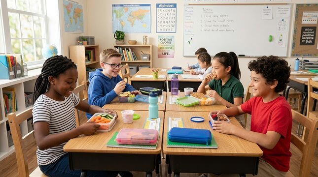 Diverse elementary school students eating lunch at desks in a bright classroom.