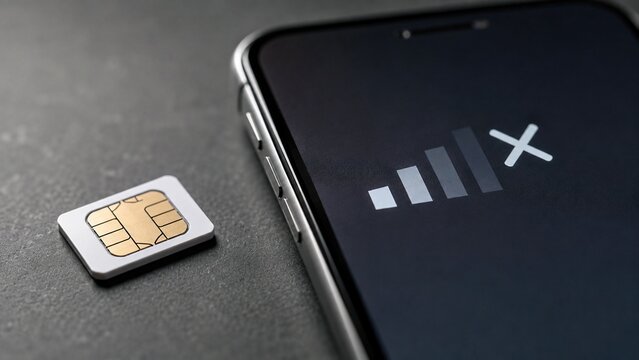SIM card beside smartphone with lost signal illustrating a SIM swap security threat