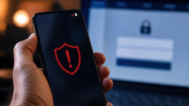 Smartphone security warning for SIM swap fraud beside blurred laptop login screen