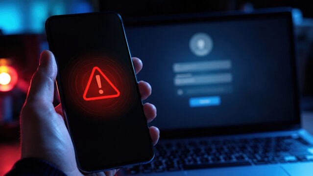 Smartphone warning alert highlights SIM swap attack beside compromised laptop login screen