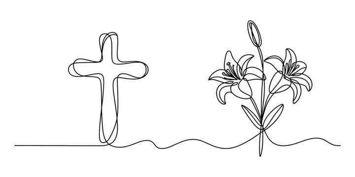 Continuous line drawing of a christian cross and lily flowers