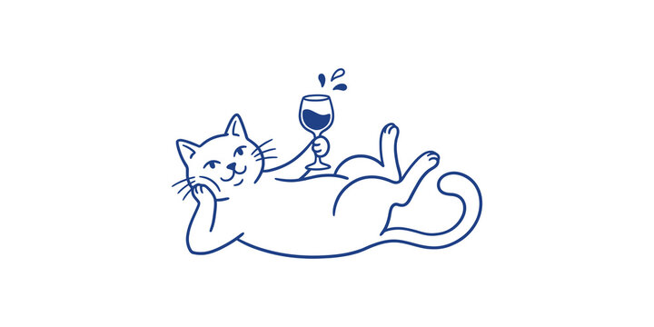Funny blue line cat relaxing with wine glass illustration for animal lovers humorous lifestyle branding and print designs.
