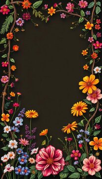 Whimsical floral border featuring intertwined vines and wildflowers, intricate, illustration