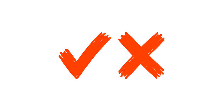 Red hand drawn check mark and cross mark icons for validation status feedback and checklist interface design elements set.