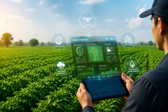 Farmer using smart agriculture app on digital tablet with HUD technology showing soil health, drone monitoring, crop status, and weather forecast in green field.