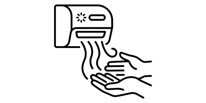Modern automatic hand dryer icon with warm air blowing on hands for hygiene.