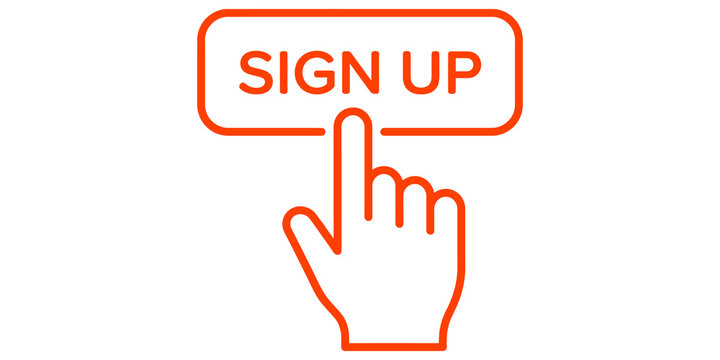 Orange sign up button with hand cursor icon for online registration and access.