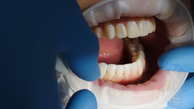 Close-up of patient open mouth showing perfect white dental veneers. Doctor gloved fingers gently running along smooth teeth surface checking final aesthetic result. 4k video