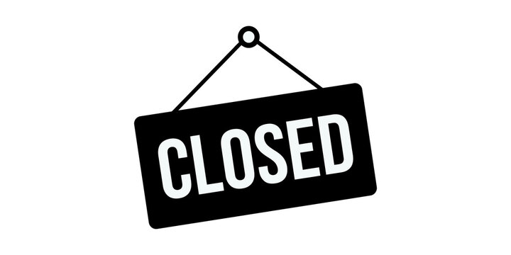 Simple black hanging closed sign with white text design element on transparent background.