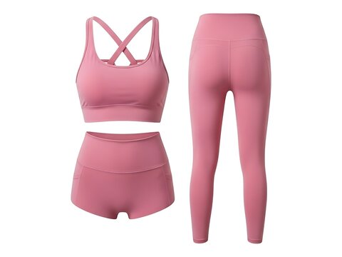 Three piece pink athletic fitness set with sports bra shorts and leggings