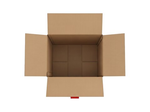 A top down view of an open empty cardboard shipping box on white background