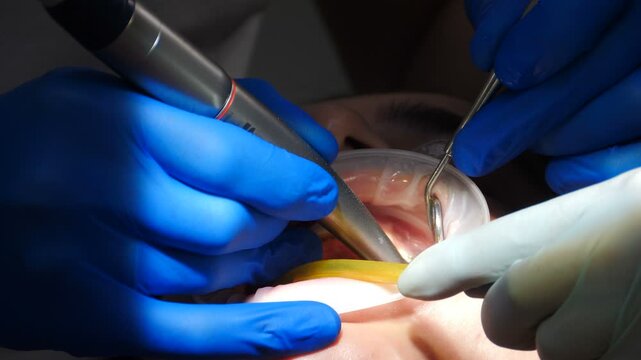 Close-up of aesthetic dental procedure for perfect smile. Gloved hands using precise instruments on patient teeth. Cosmetic path to beautiful veneers and flawless smile transformation 4k video