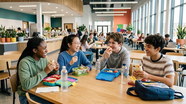 Diverse group of teenagers eating lunch together in a bright school cafeteria.