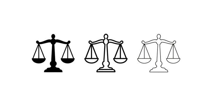Justice scale balance icon set with black outline and flat graphic style.