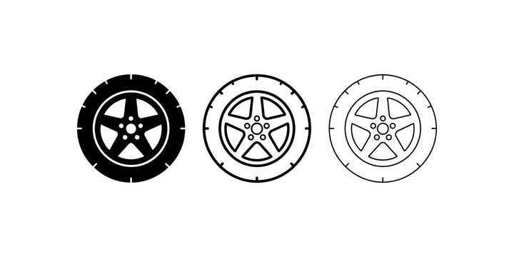 Black wheel tire icons set showing vector outline and solid styles.