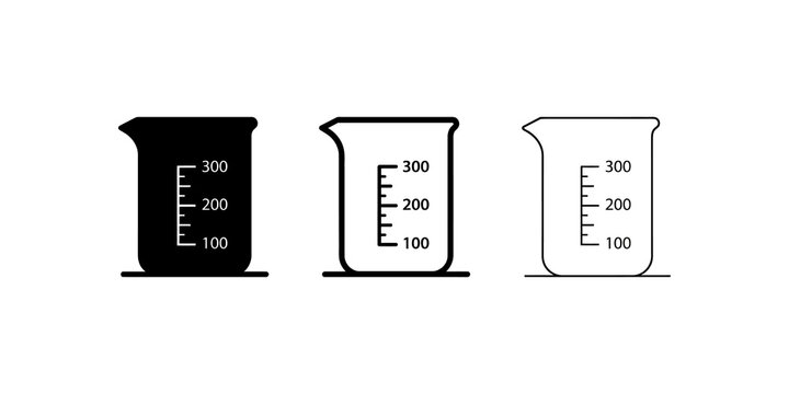 Measuring beaker laboratory icon set with black outline and flat design.