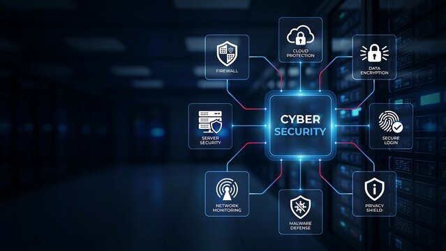 Cyber security network dashboard displaying server protection cloud firewall malware defense and biometric login icons on dark digital server room background interface.
