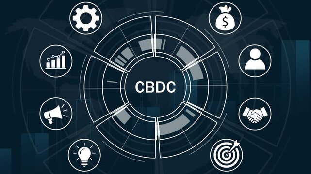 Central bank digital currency cbdc concept animation featuring futuristic financial technology hud interface with global banking and digital monetary network systems for modern economic growth
