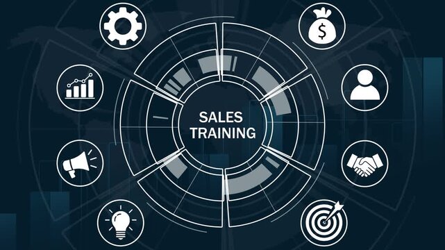 Sales training concept featuring animated digital infographic hud interface with business growth financial strategy symbols, and corporate development on a dark background overlay