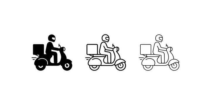 Delivery scooter man icons set black lines simple fast shipment service.