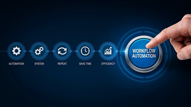 Human hand finger pushing glowing blue button for workflow automation to improve business system efficiency and save time through repetitive task optimization process.