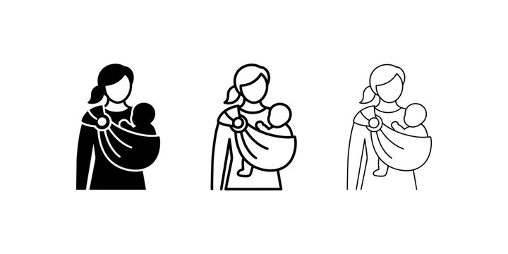 Mother carrying baby in sling icon set black line art transparent style.