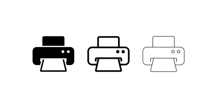 Office printer machine icons set for document scanning and paper printing.