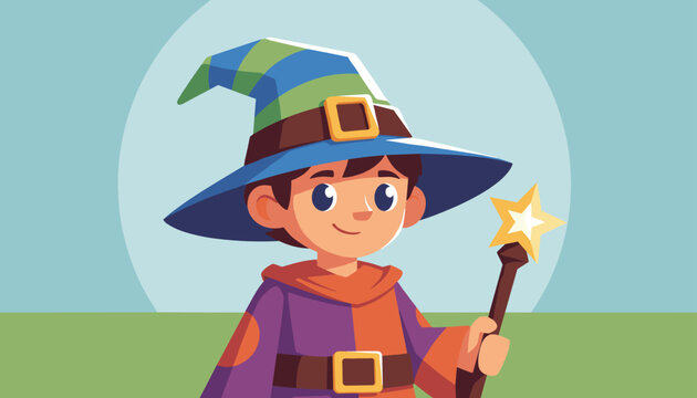 Cartoon portrait of a cute young smiling wizard boy wearing a striped witch hat and holding a glowing magic wand.