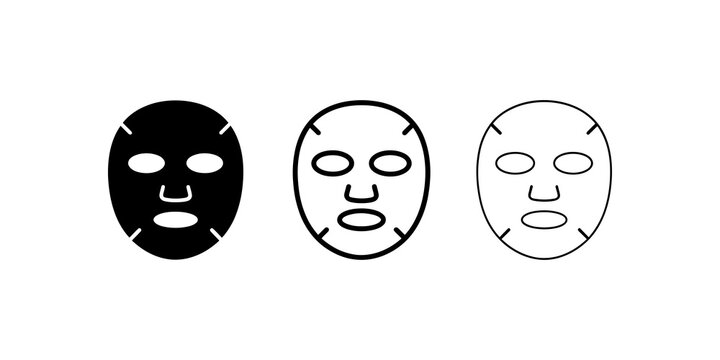 Face sheet mask icons in black and white styles for skincare branding.