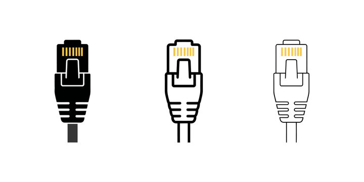 Network cable connector set black icons isolated for internet connection.