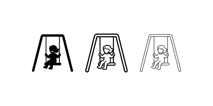 Child on swing set black icons isolated for kids outdoor playground fun.