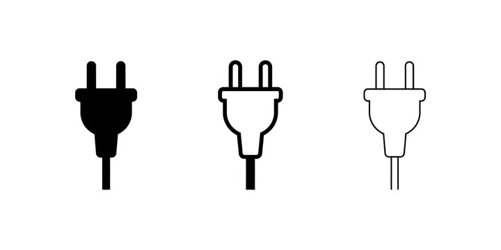 Electric power plug icons in flat solid and outline styles for devices.