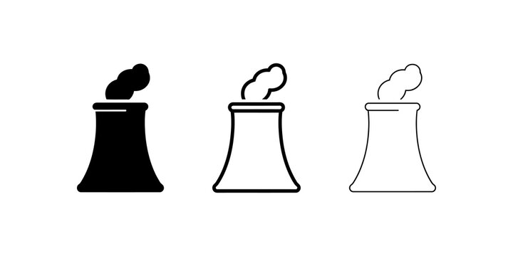 Nuclear power plant icons with smoking chimneys flat vector graphic set.