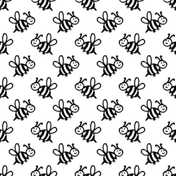 Seamless pattern with hand drawn happy funny cute honey bee Adorable flying striped insect friendly kawaii bumble bee For kids print, wrapping paper, packaging, fabric