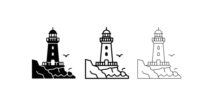 Lighthouse flat icon set with sea rocks and birds for coastal travel art.