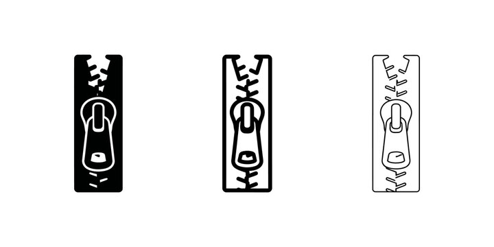 Zipper icons set featuring black filled outlined and linear design styles.