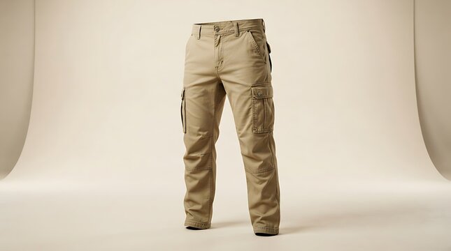 A pair of khaki cargo pants with multiple pockets, displayed on a neutral background.