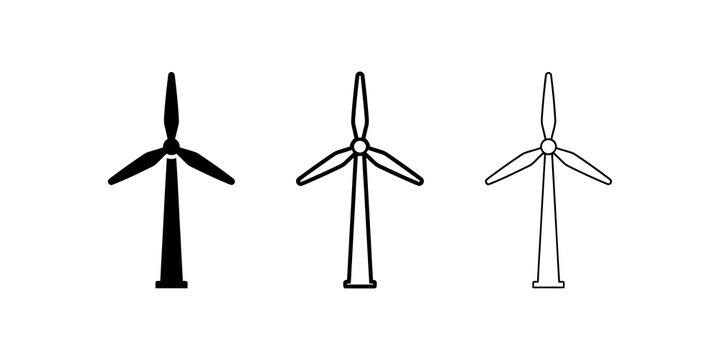 Windmill turbine set black outline flat icon clean energy power symbols.