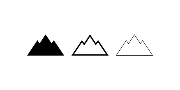 Mountain range icons with black lines for travel and outdoor map designs.