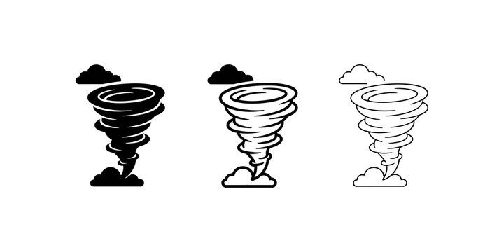 Tornado weather icons with black strokes for meteorological report designs.