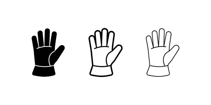 Protective work glove icon set in three linear and solid styles.