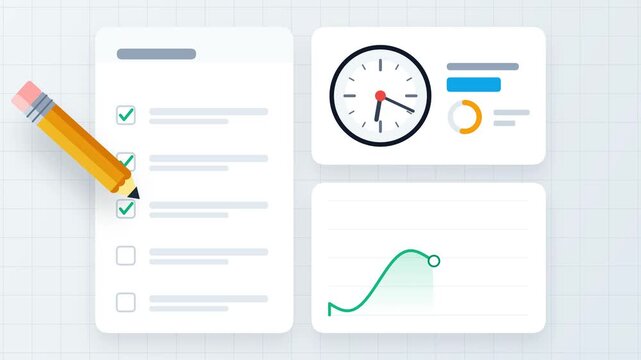 animated graphic showing a yellow pencil progressively checking off items on a checklist next to a clock and a rising financial growth chart on a grid background.