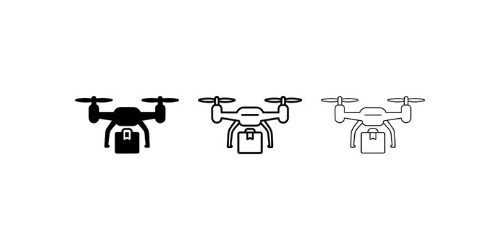Drone delivery icon set featuring black line art style for tech apps.