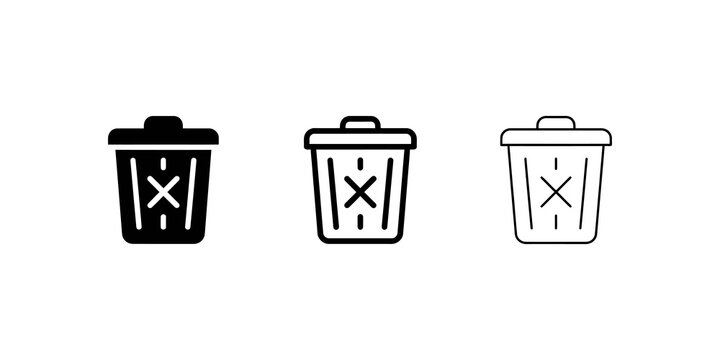 Trash can icon set featuring black line art style for digital systems.