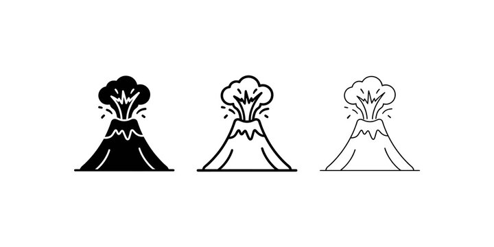 Volcano eruption icons with smoke plume for natural disaster alert use.